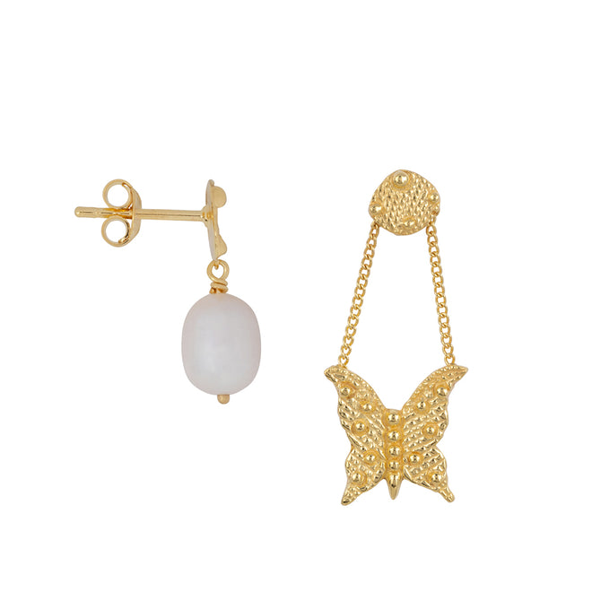 Butterfly Stud Chain and Pearl Earring