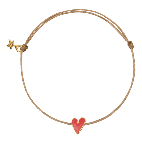 Medium Heart Beige Rope Bracelet Red Enamel