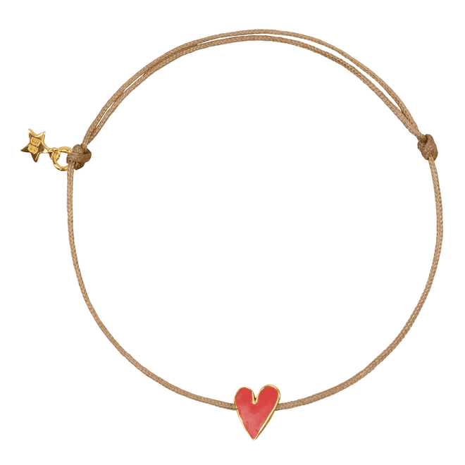 Medium Heart Beige Rope Bracelet Red Enamel