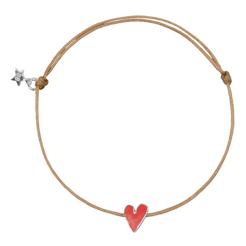 Medium Heart Beige Rope Bracelet Red Enamel