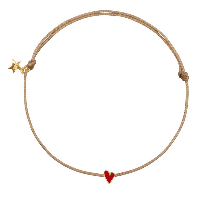 Mini Heart Beige Rope Bracelet Red Enamel