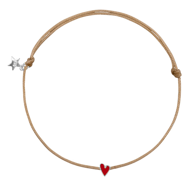 Mini Heart Beige Rope Bracelet Red Enamel