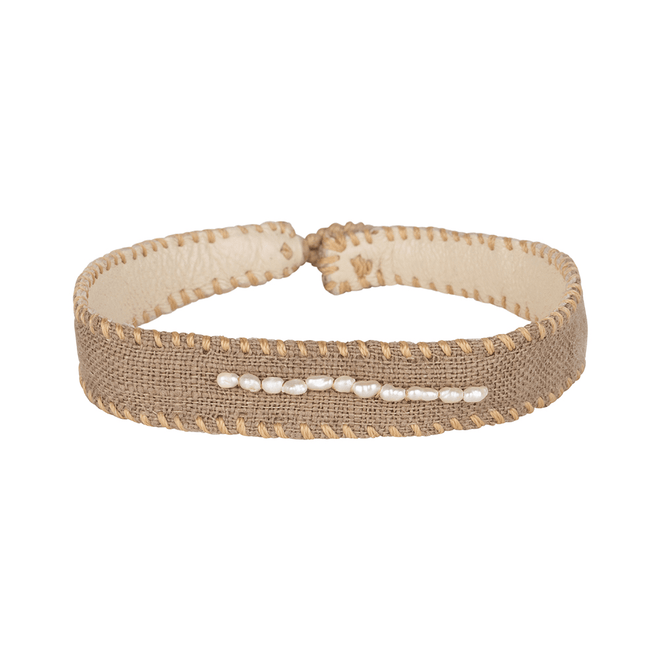 Vintage Linnen Bracelet Pearls Beige Gold Plated
