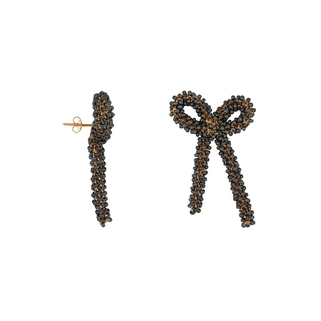 Big Bow Beaded Earrings Dark Grey Gold Plated