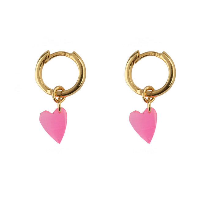 E2127 Gold PINK Small Hoop Resin Heart Earring Gold Plated PINK