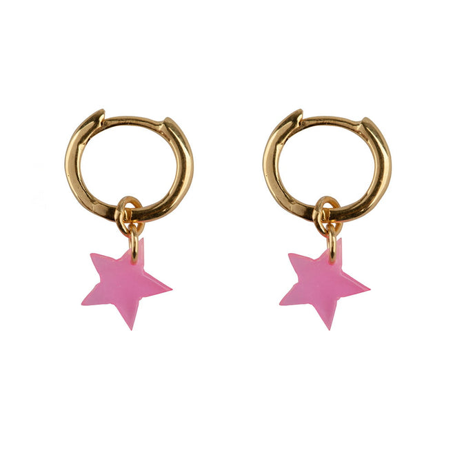 E2129 Gold PINK Small Hoop Resin Star Earring Gold Plated PINK