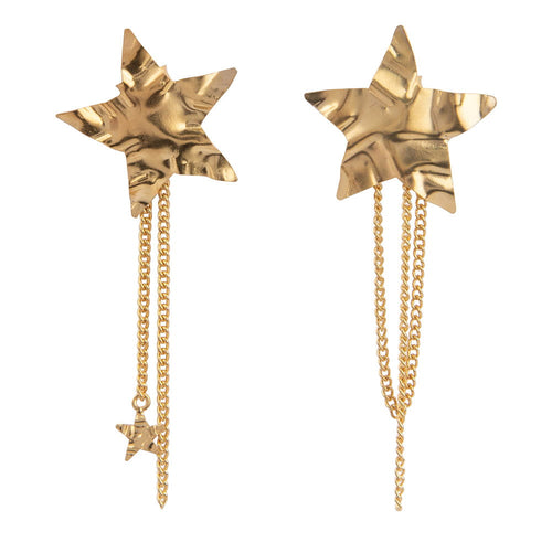 E2186 Gold Folded Star Stud Chain Earring Gold Plated