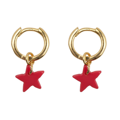 E2188 Gold DARK PINK Small Hoop Resin Star Earring Gold Plated DARK PINK