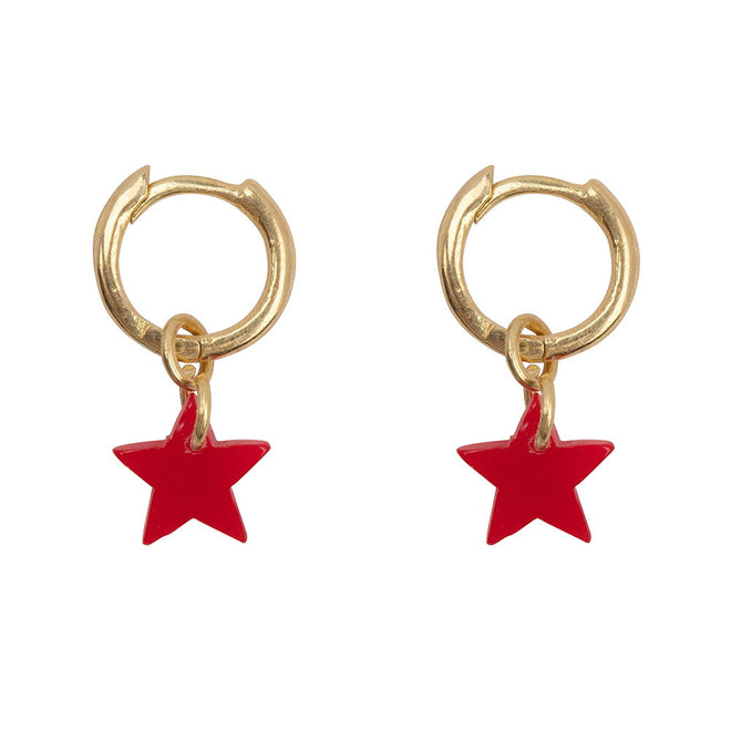 E2188 Gold RED Small Hoop Resin Star Earring Gold Plated RED