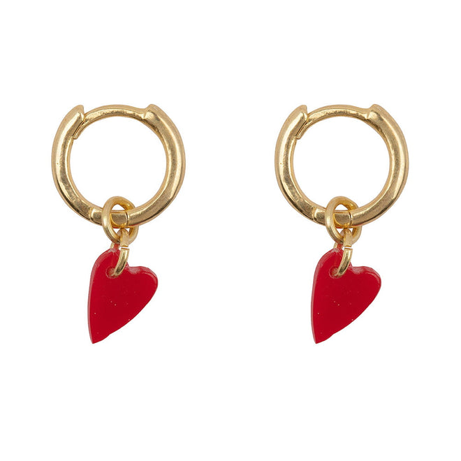 E2189 Gold RED Small Hoop Resin Heart Earring Gold Plated RED