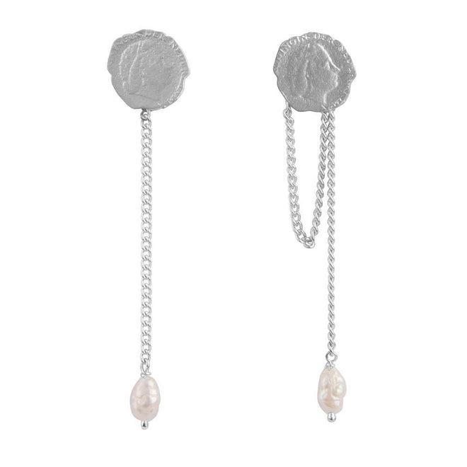 E2254 Silver Ten Cent Chain Pearl Stud Earring Silver
