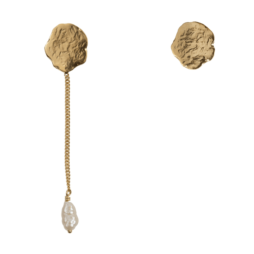 E2258 Gold Hammered Flat Coin Chain Pearl Stud Earring Gold Plated