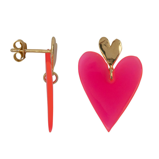 E2301 Gold Neon Pink Double Heart Stud Earring Gold Plated