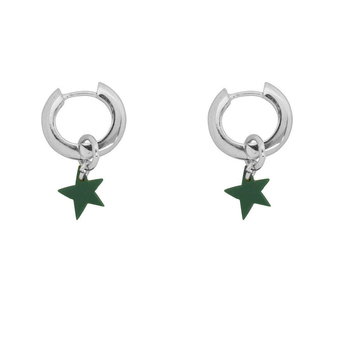 Thick Small Hoop with Star Earring Silver GREEN
