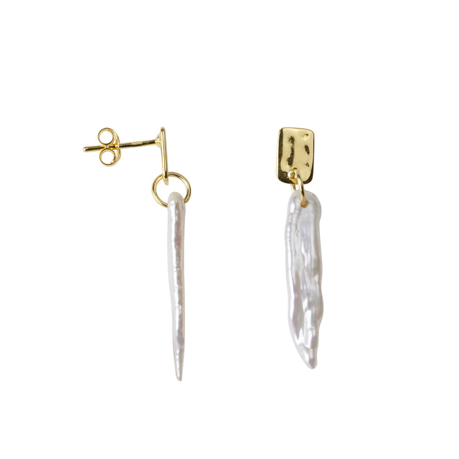 Hammered Small Rectangle and Pearl Stud Earring