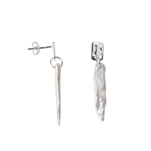 Hammered Small Rectangle and Pearl Stud Earring
