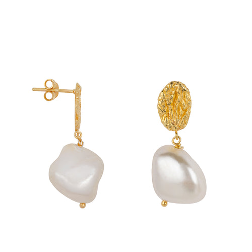 Hammered Oval Stud Big Pearl Earring