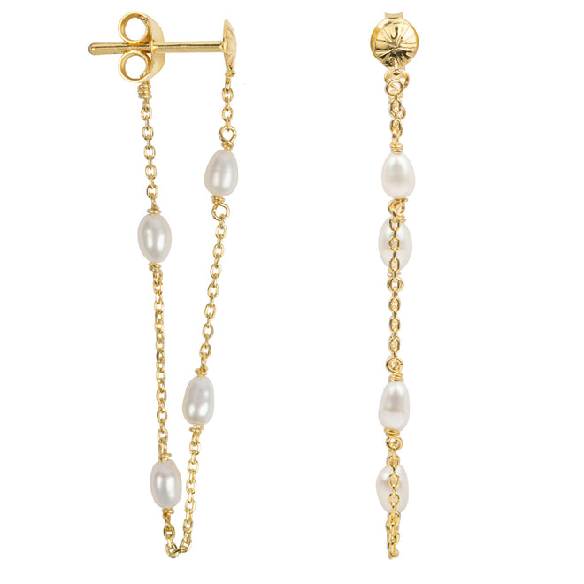 Ribbed Mini Moon Pearl Chain Stud Earring