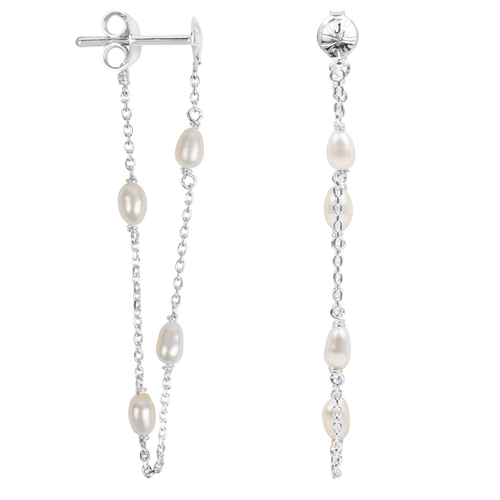 Ribbed Mini Moon Pearl Chain Stud Earring