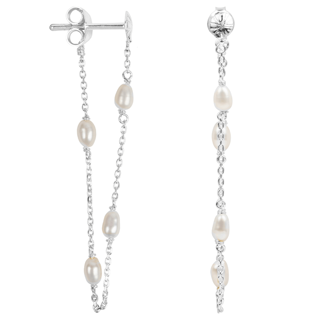 Ribbed Mini Moon Pearl Chain Stud Earring
