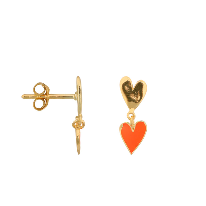 Medium Two Hearts Stud Earring Neon Coral Enamel