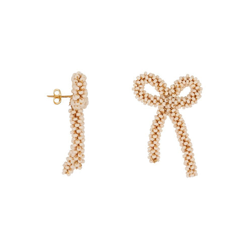 Big Bow Beaded Earrings Cream Gold Plated